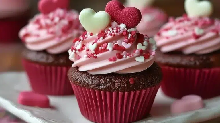 Delicious Valentine's Day cupcakes decorated with hearts and pink frosting