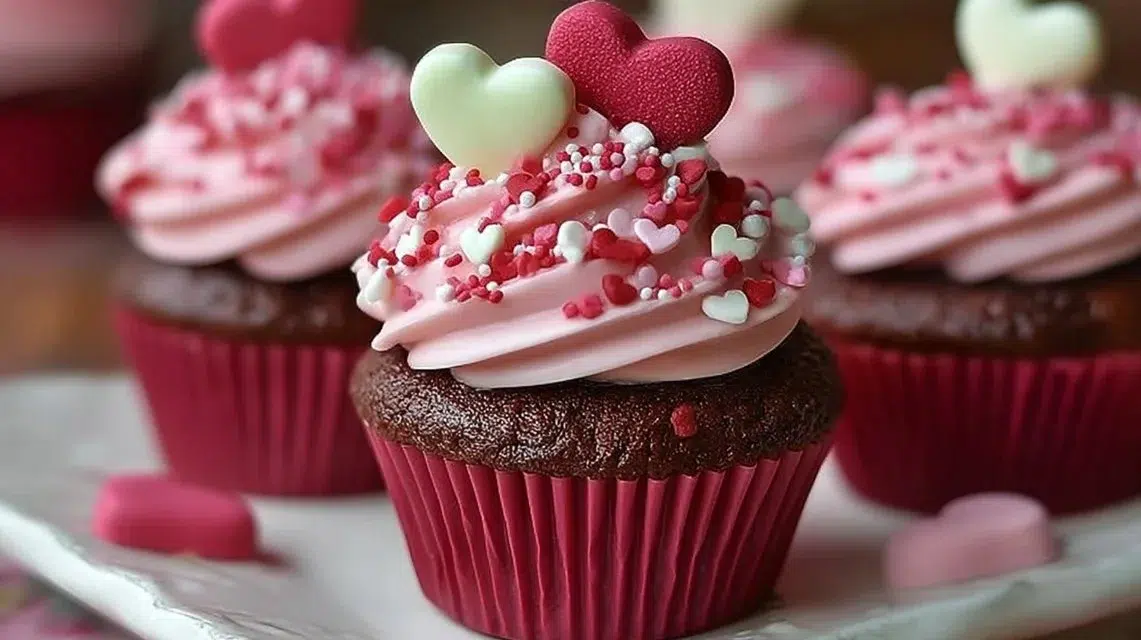 Delicious Valentine's Day cupcakes decorated with hearts and pink frosting