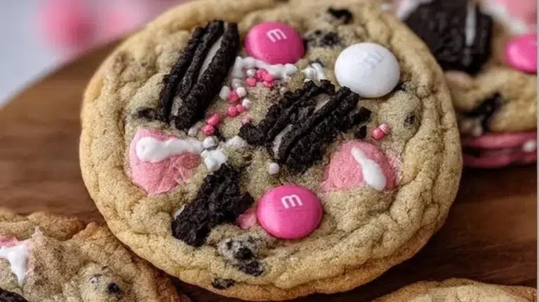 Valentine's Day Oreo M&M's cookies with heart-shaped sprinkles