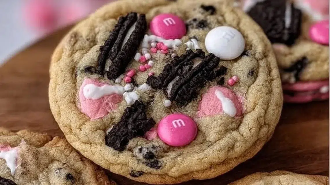 Valentine's Day Oreo M&M's cookies with heart-shaped sprinkles