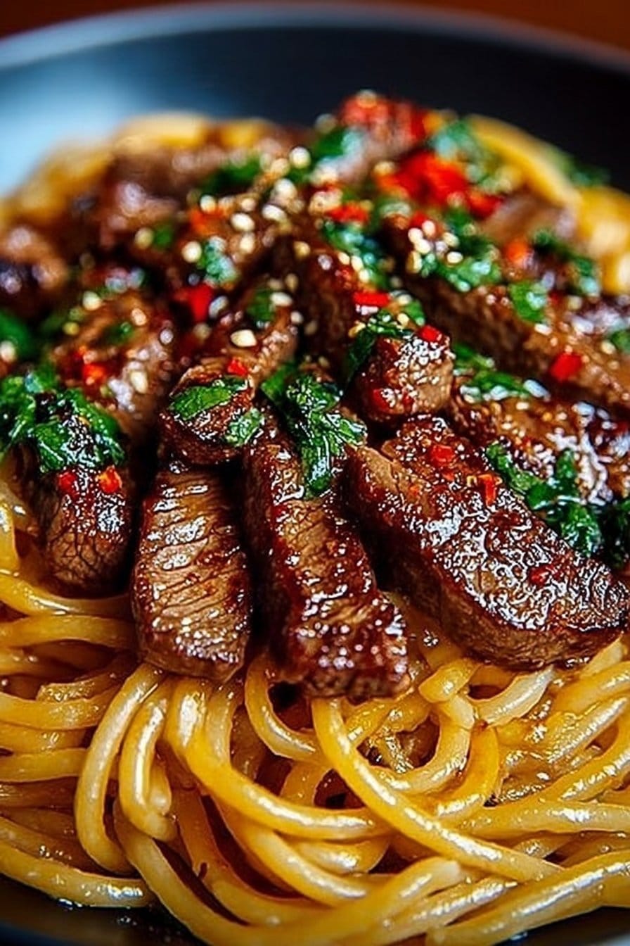 Sweet and Spicy Garlic Steak Pasta