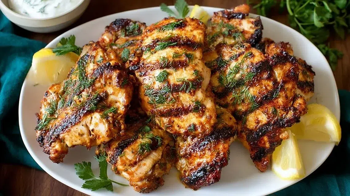 Yogurt Marinated Chicken garnished with herbs, served on a plate