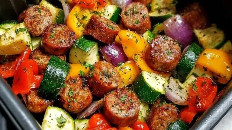 10-minute air fryer chicken sausage with colorful veggies ready to serve