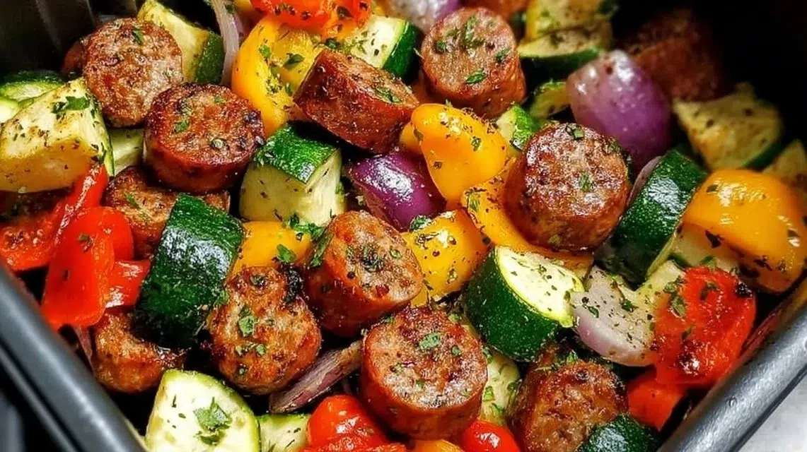 10-minute air fryer chicken sausage with colorful veggies ready to serve