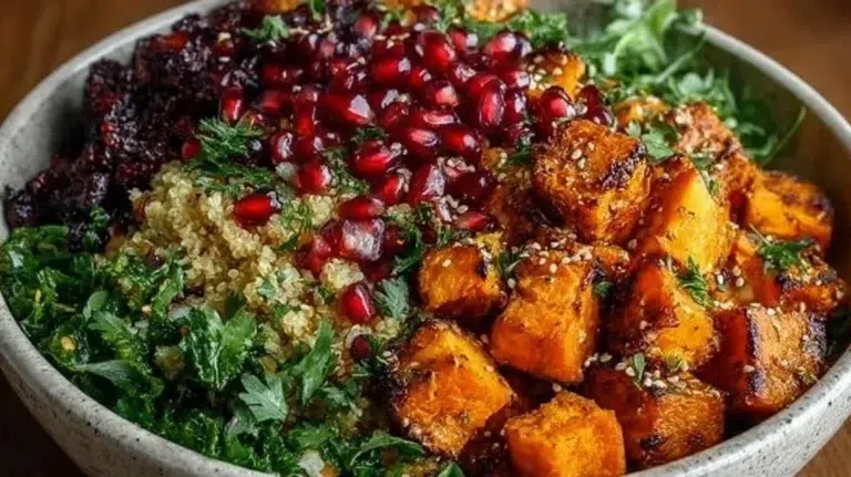 Healthy anti-inflammatory Harvest Glow Bowl with vibrant vegetables and grains