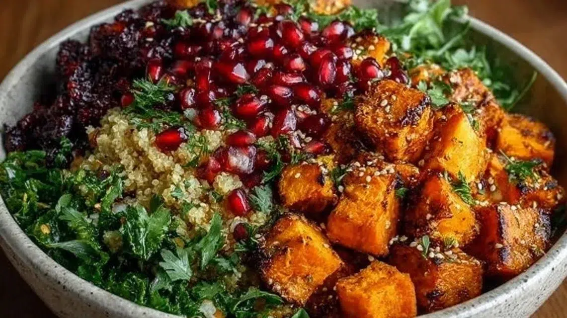 Healthy anti-inflammatory Harvest Glow Bowl with vibrant vegetables and grains