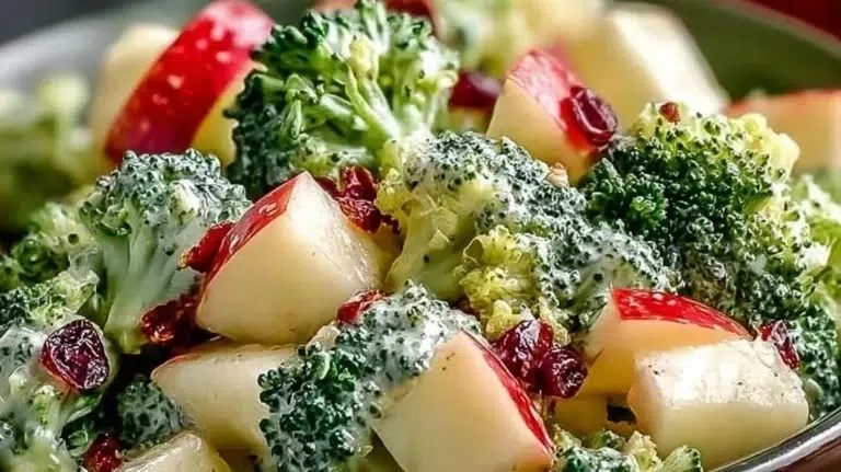 Fresh Apple Broccoli Salad with nuts and dressing in a bowl