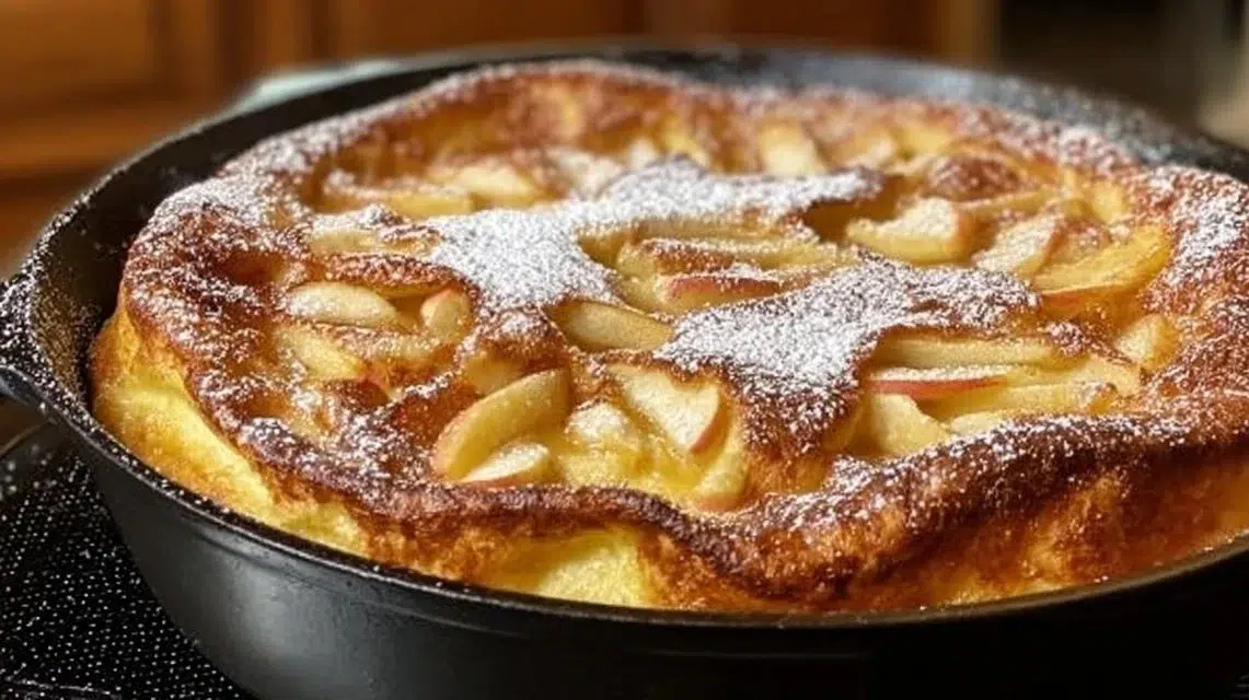 Delicious Apple Cinnamon German Pancake topped with apples and cinnamon