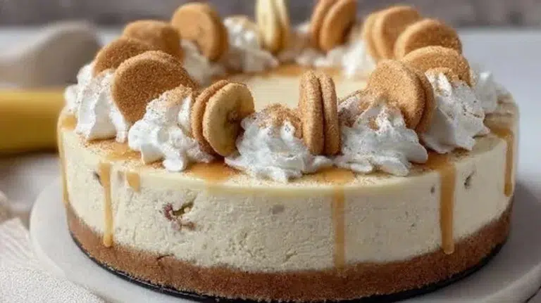 Delicious slice of Banana Pudding Cheesecake topped with whipped cream and bananas