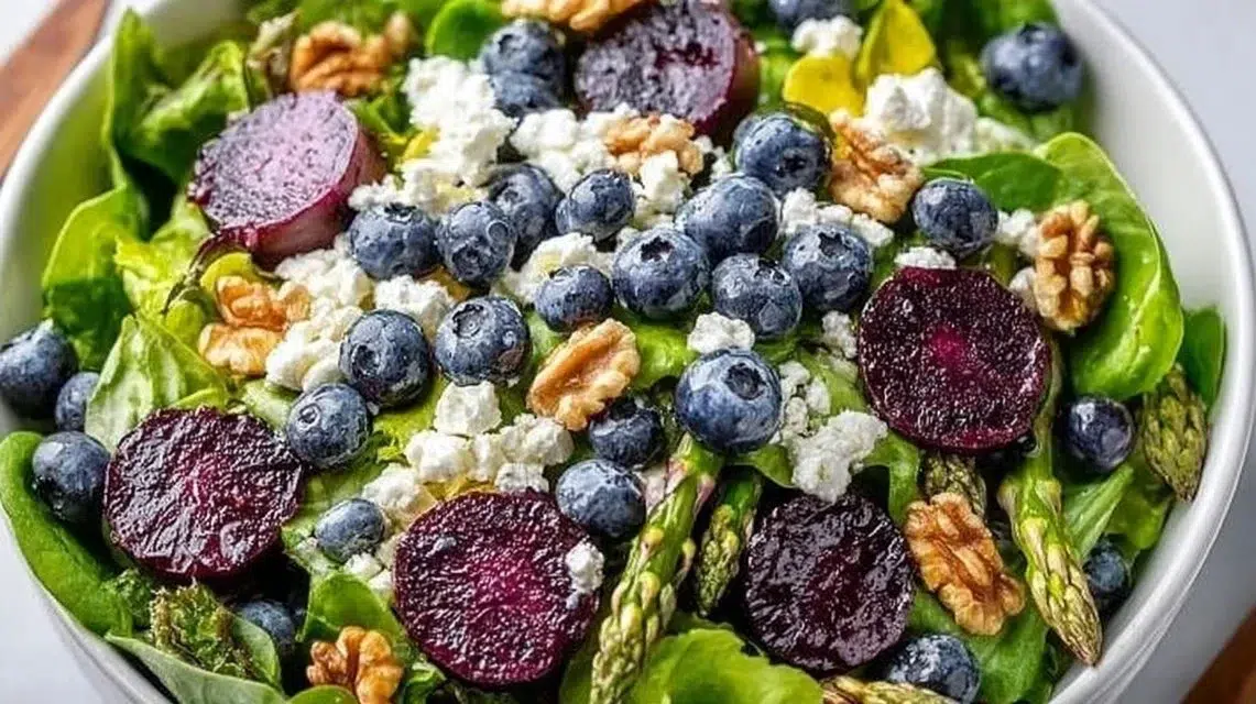 Easter Spring Salad topped with goat cheese and colorful vegetables