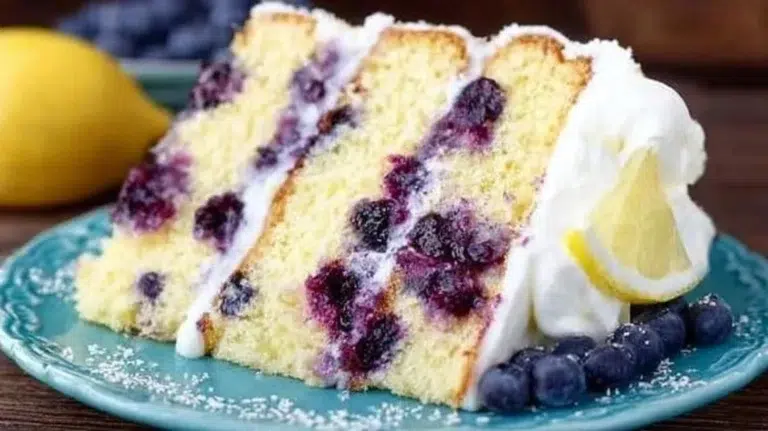 Delicious lemon blueberry cake topped with blueberries and lemon zest