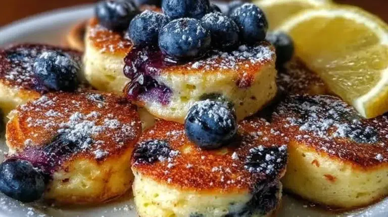 Blueberry lemon pancake bites stacked with fresh blueberries and lemon zest