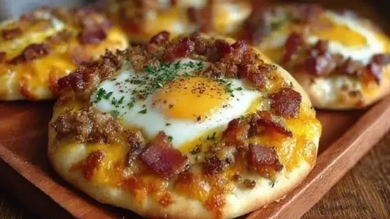 Homemade Breakfast Pizza topped with eggs, cheese, and vegetables