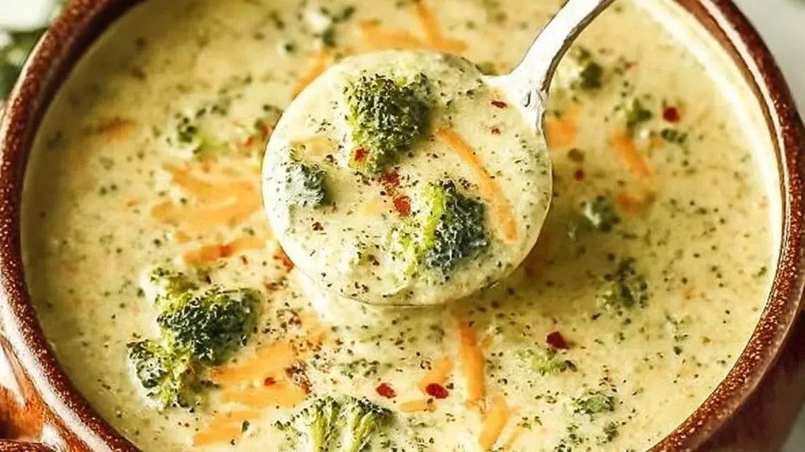 Bowl of creamy broccoli cheddar soup garnished with cheese and broccoli florets