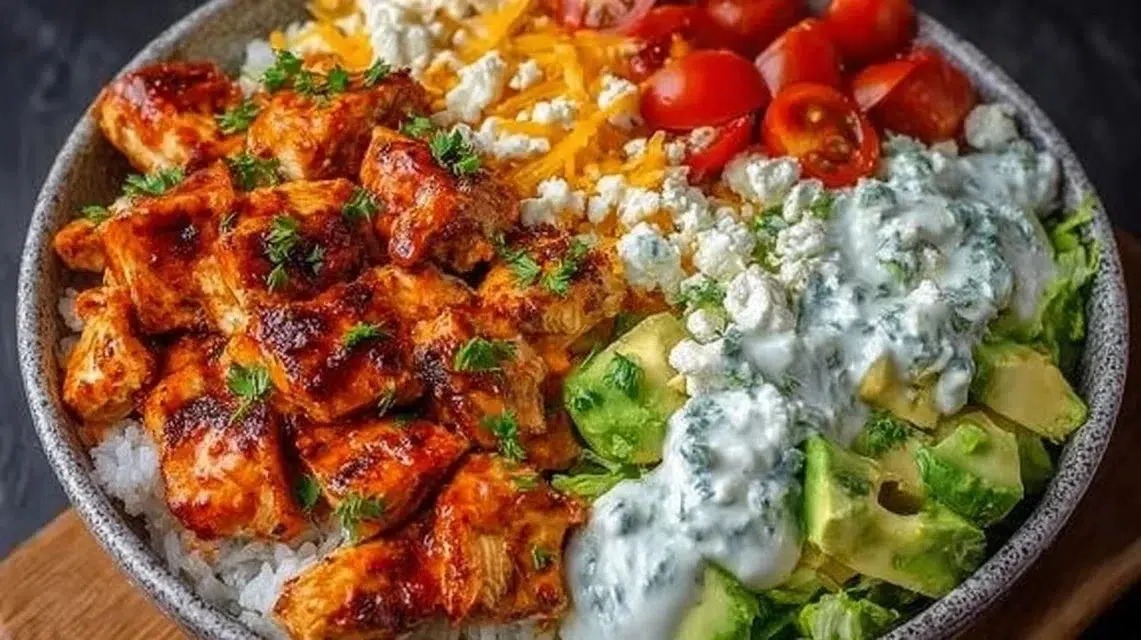 Delicious Buffalo Chicken Bowls with toppings and vibrant colors