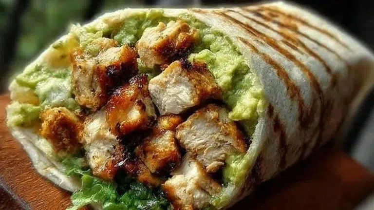 Fresh Chicken Avocado Wraps with vibrant ingredients on a wooden table