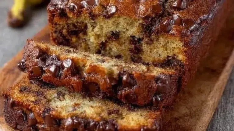 Delicious slice of chocolate chip banana bread on a wooden cutting board