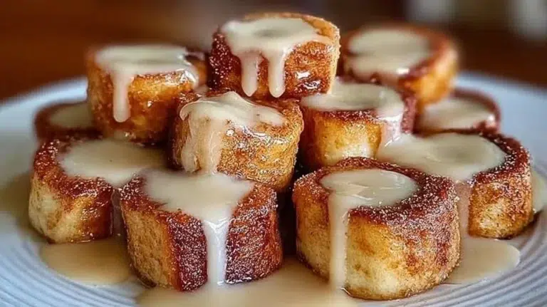 Delicious cinnamon roll French toast bites served with syrup and berries.