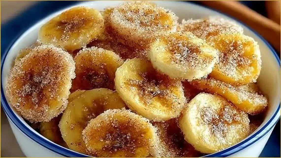 Cinnamon-sugar air fryer banana chips in a bowl