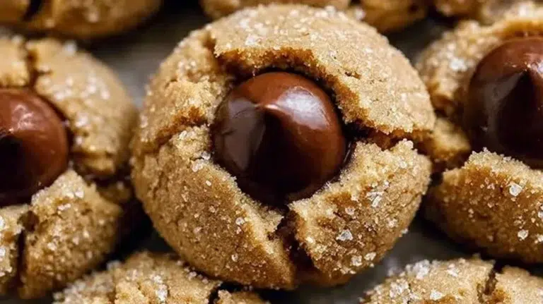 Plate of classic Peanut Butter Blossoms cookies with chocolate kisses on top.