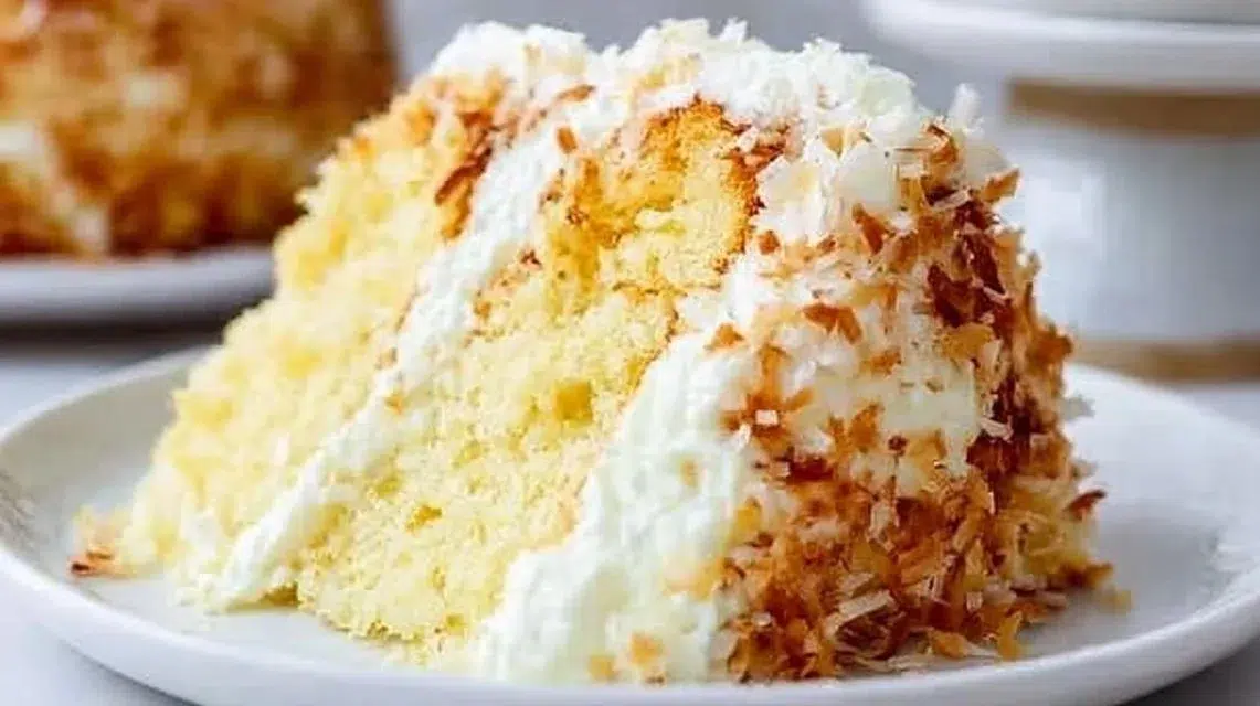 Coconut Cake with Custard Filling topped with shredded coconut and frosting.