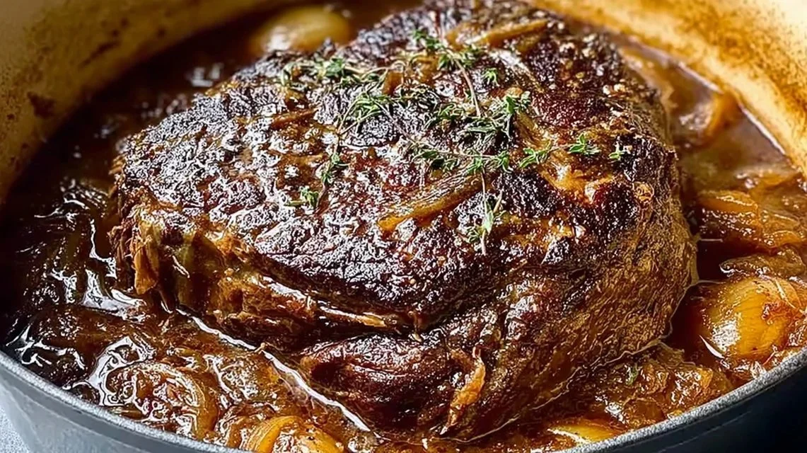 Delicious French onion pot roast served with caramelized onions and herbs.