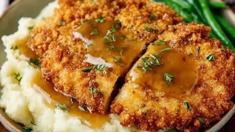 Delicious country fried chicken breast served with crispy coating