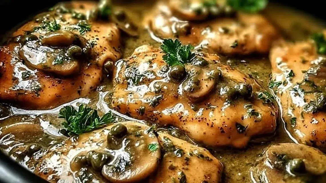 Delicious Crockpot Chicken Piccata served with lemon sauce and capers