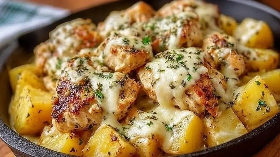 Crockpot Garlic Parmesan Chicken and Potatoes dish, showcasing golden-brown chicken and creamy potatoes.