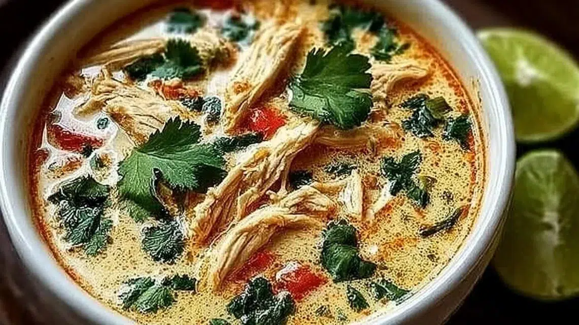 Bowl of Crockpot Thai Coconut Chicken Soup garnished with fresh herbs