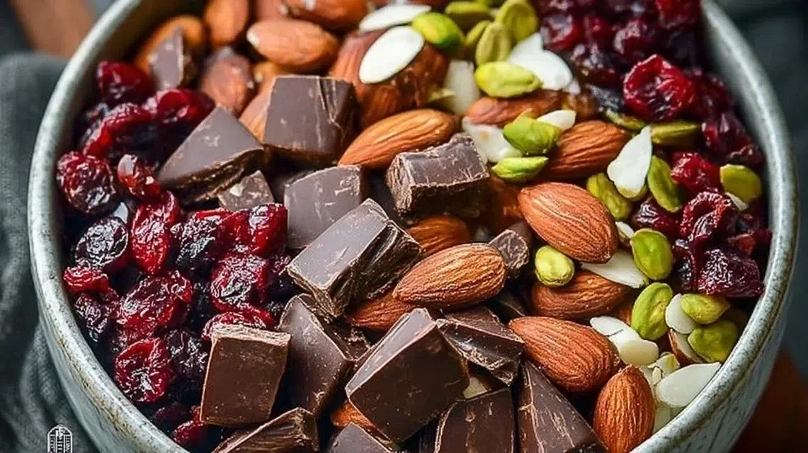 Dark chocolate-cherry trail mix mix for anti-inflammatory health benefits