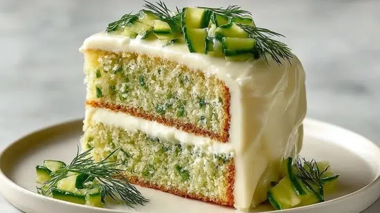 Delicious Dill Pickle Cake decorated with pickles and icing