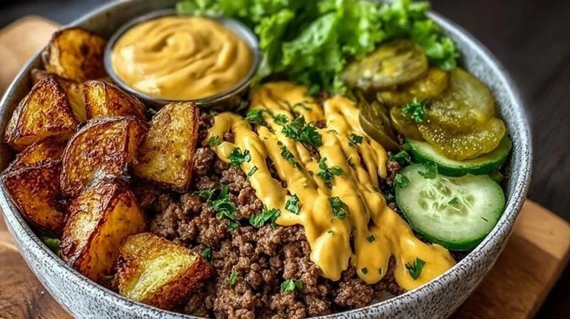 Delicious diner-style cheeseburger bowl with toppings and fresh ingredients