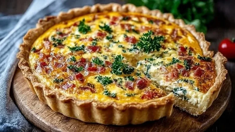 Slice of easy breakfast quiche served on a plate with vegetables and cheese.