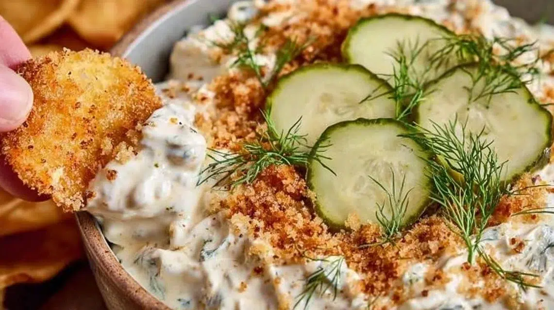Bowl of easy dairy-free fried pickle dip with crunchy fried pickles on top.