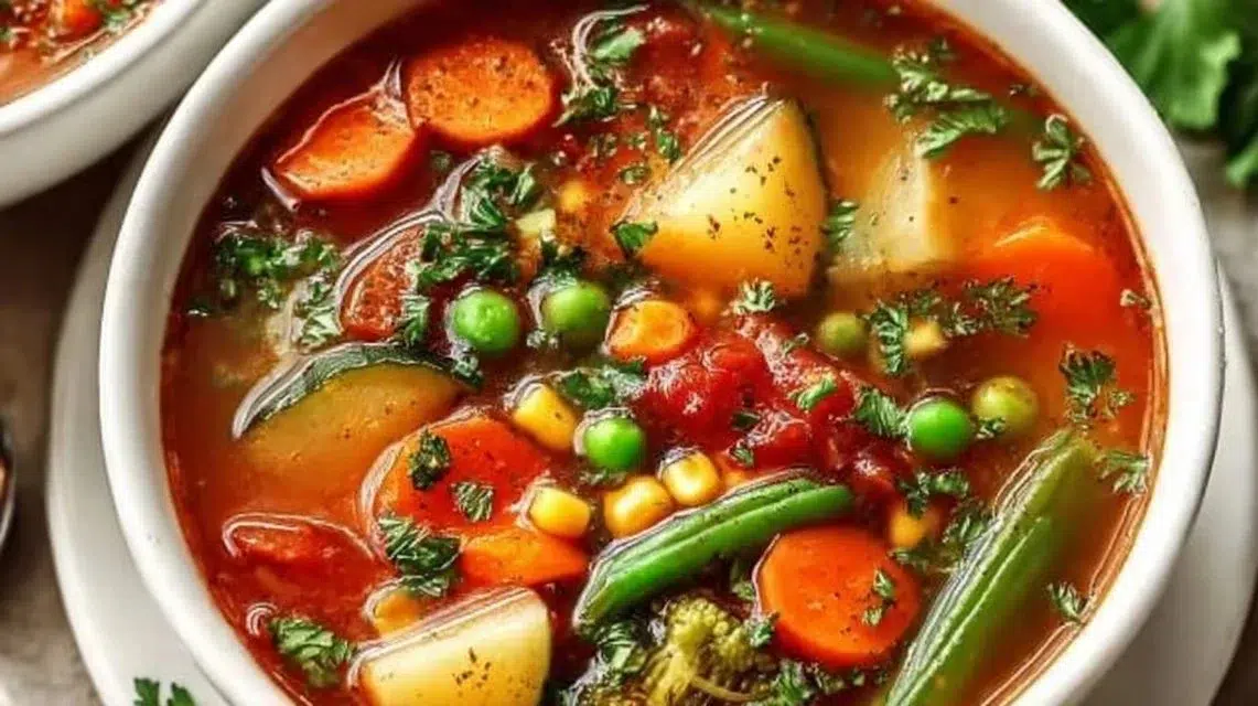 Delicious easy vegetable soup filled with fresh vegetables and herbs