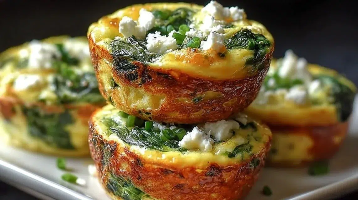Healthy egg muffins with spinach and feta baked in a muffin tin