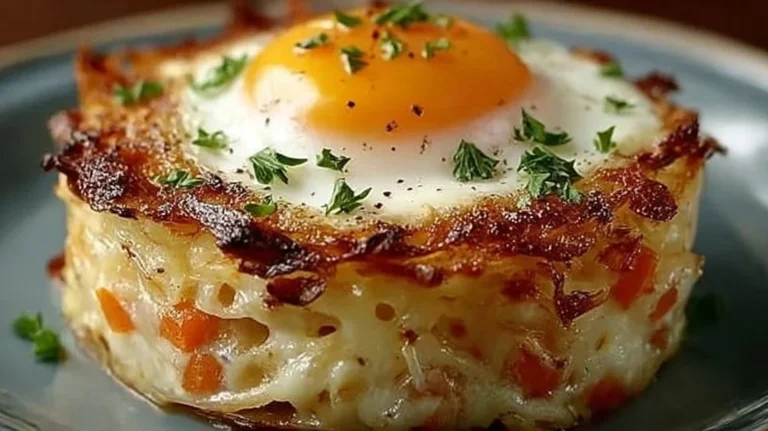Delicious Eggs Napoleon dish served on a plate garnished with herbs.