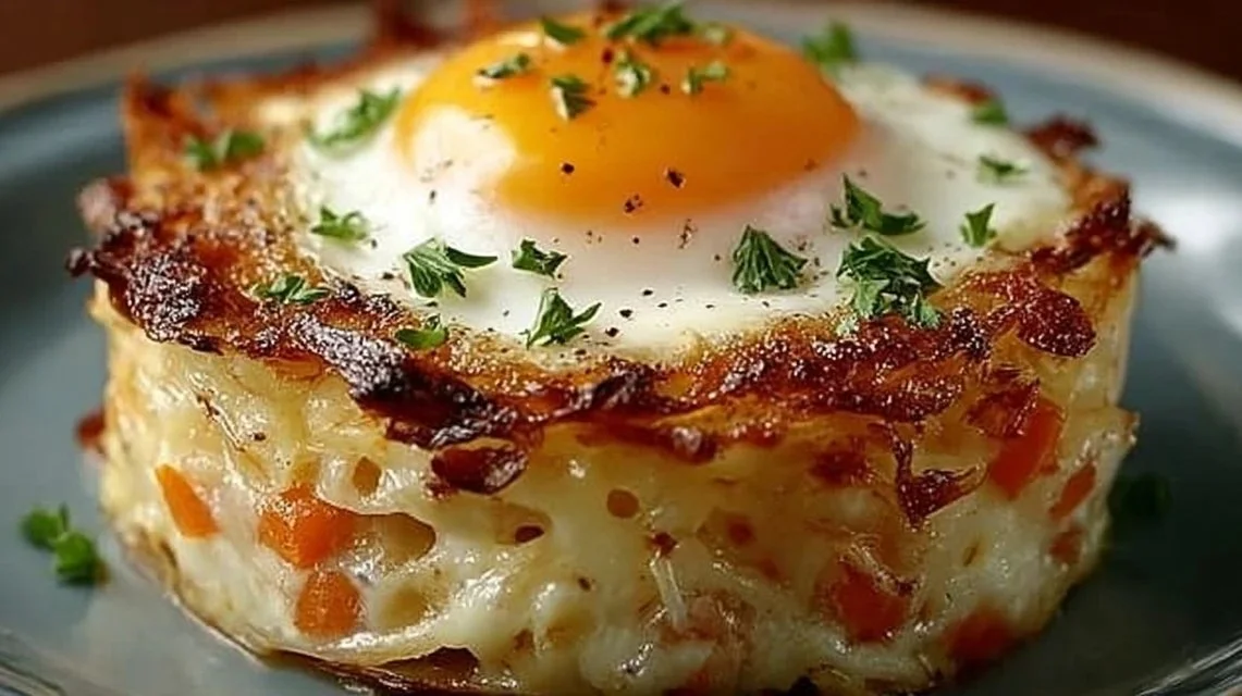 Delicious Eggs Napoleon dish served on a plate garnished with herbs.