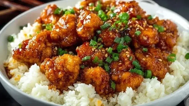 Delicious Firecracker Chicken garnished with green onions and sesame seeds