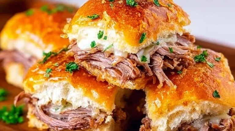 French Dip Sliders served on a platter with au jus for dipping