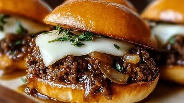 French Onion Beef Sloppy Joes served on a bun with cheese and caramelized onions