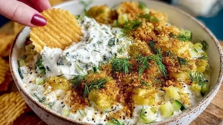 Creamy Fried Pickle Dip served in a bowl with fresh vegetables