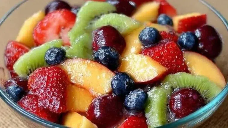 A colorful fruit salad featuring a mix of fresh strawberries, kiwis, and blueberries.