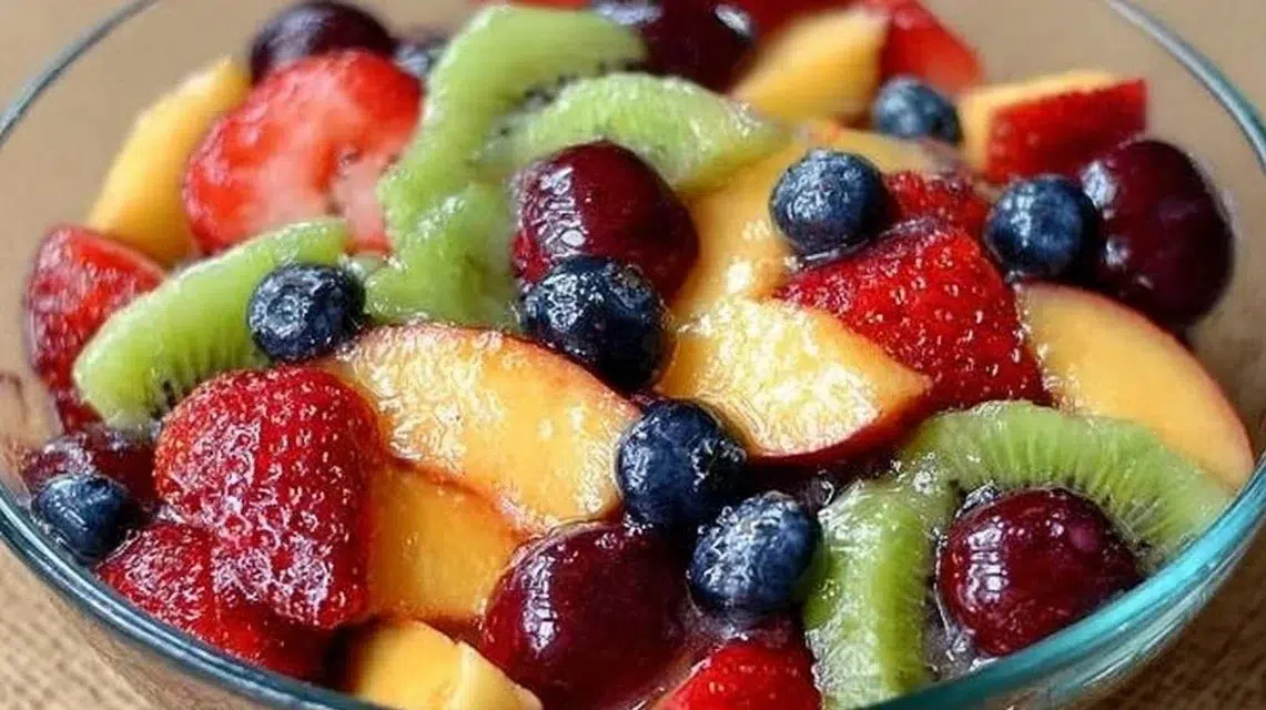 A colorful fruit salad featuring a mix of fresh strawberries, kiwis, and blueberries.