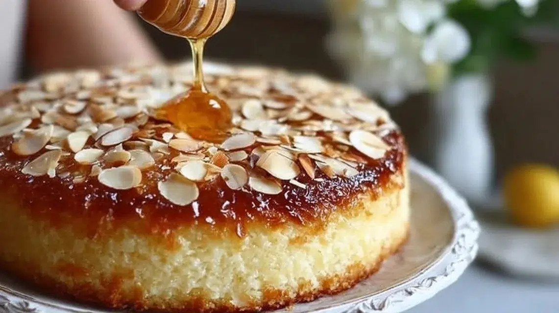 Slice of German Bee Sting Cake topped with almonds and honey glaze.