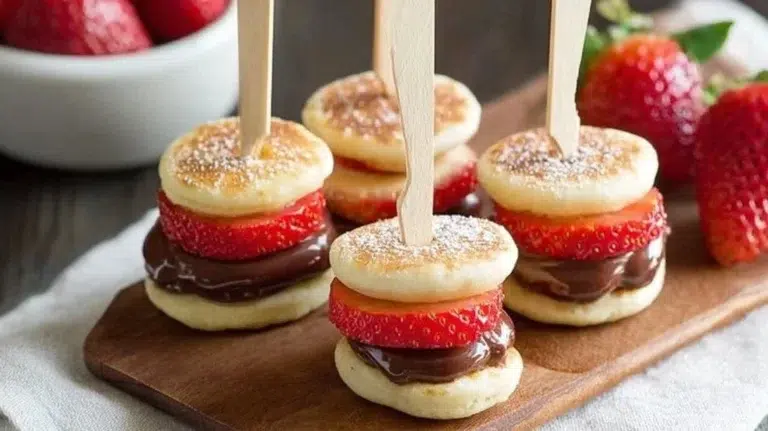 Gluten-free mini pancake skewers garnished with fresh fruit and syrup.