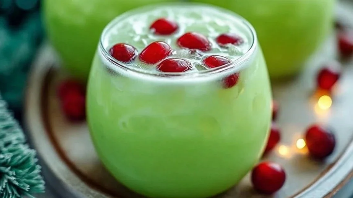 Festive Grinch Punch in a holiday-themed glass with decorations