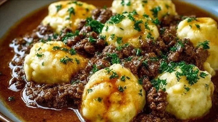 Hearty ground beef and dumplings served in a bowl, perfect comfort food dish.