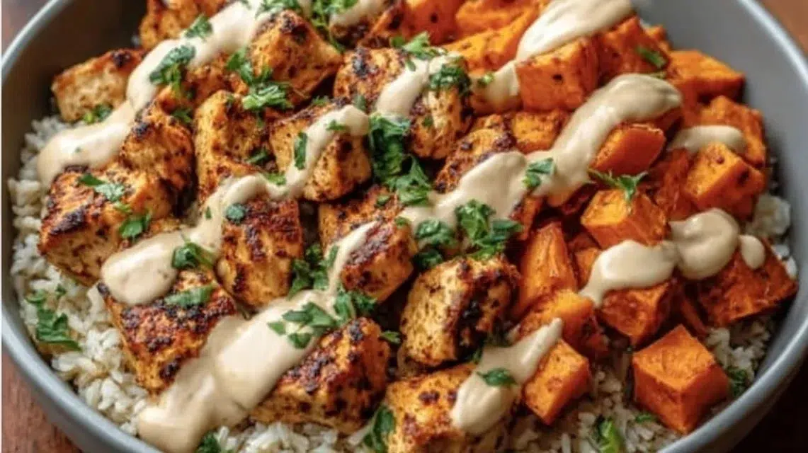 Healthy chicken and sweet potato rice bowl packed with nutrition.